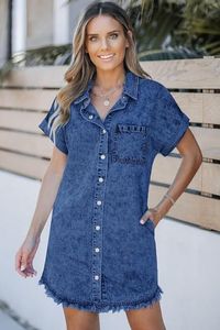 Vestido Camisero de Mezclilla para Mujer, Manga Corta, Cuello con Botones, Bolsillos, Algodón Lavado, Estilo Casual para Uso Diario, Primavera/Verano - Product Image 5