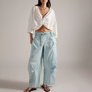 Women's Mid-Waist Loose Cargo Pants Drawstring Closure Ankle-Length Casual Summer <b>Balloon</b> Light Blue Cotton Barrel Wide Leg Pant - Product Image 1