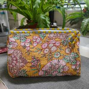 Set 3 Quilted Floral Print Toiletry Bags Large Indian Cotton <b>Canvas</b> Nylon Travel Makeup Pouches Fashion Shaving Kit Vanity Case - Product Image 1