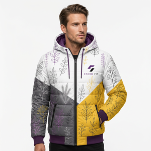 Veste matelassée à capuche pour homme, imprimé floral, coupe-vent, hiver, décontractée, fermeture éclair, 100% polyester, coupe classique - Product Image 2