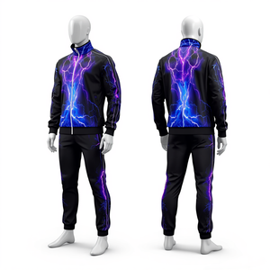 Conjunto Deportivo Unisex Ecológico de Poliéster con Forro Polar, Cuello Redondo, Cremallera Completa, Estampado de Rayos Neón, Colección Streetwear - Product Image 2