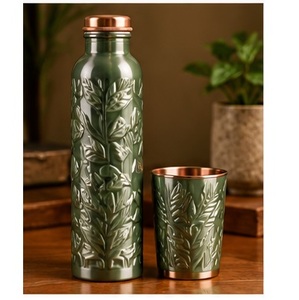 Handcrafted Hammered Copper <b>Water</b> <b>Bottle</b> with Lid and Cup Portable <b>Metal</b> Drinkware Set - Product Image 3