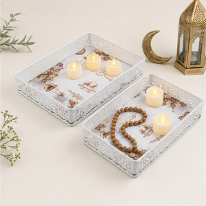 Ramadan Serving Tray <b>Set</b> of <b>2</b> <b>White</b> Metal Laser Cut Eid Mubarak Dessert Platter Wholesale Islamic Ramadan Kareem Party Table - Product Image 4