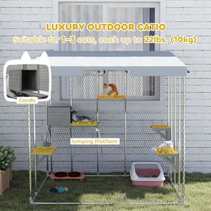 Gabbia per Gatti da Esterno in Acciaio Zincato da 79 Pollici con Tettoia Impermeabile, Cuccia e Piattaforme per Saltare, per 1-3 Gattini, Colore Argento - Product Image 4