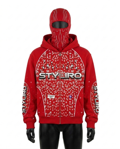 Sudadera con capucha roja Y2K personalizada con máscara balaclava integrada, estilo urbano, para invierno, de color liso, para hombre, oversize, con estampado gráfico. - Product Image 1