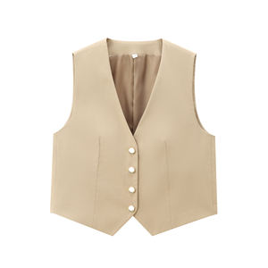 Chaleco Casual de Moda con Cuello Redondo y Cierre de Cinturón Color Caqui para Mujer, Resistente al Viento, Transpirable, Sin Mangas, con Bolsillos con Solapa - Product Image 1