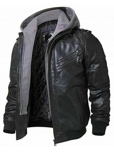 Chaqueta de cuero negra con capucha extraíble para motociclistas - Product Image 2