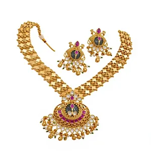 High Premium Quality Gold Plated Necklace and Earrings <b>Set</b> for Women Emerald Pearl <b>Bridal</b> <b>Jewelry</b> for Wedding - Product Image 1
