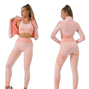 Pink 3 Piece Yoga Set Crisscross Strap Sports Bra Full Length Leggings Seamless <b>Mesh</b> Activewear High Waist Spandex Polyester - Product Image 5