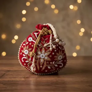 Luxury Red Handmade Embroidery <b>Clutch</b> Bag Beads Chains Half-Moon Square Patterns Cotton Lining for Daily Use <b>Wedding</b> Parties - Product Image 6