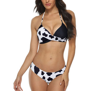 Women <b>Cow</b> Print <b>Bikini</b> Set Halter Bandeau Top Hipster Bottoms 2 Piece Swimwear Stretch Spandex Polyester Beachwear - Product Image 4