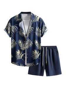 Mens Tropical <b>Leaf</b> Print Summer Two Piece Set Short Sleeve Button Shirt And Elastic Waist Shorts Lightweight Beach Outfit - Product Image 1