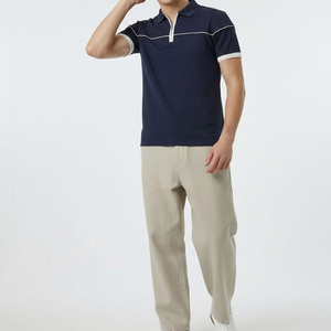 Men's Navy Blue Short Sleeve <b>Polo</b> Shirt Cotton Knitted Solid Color Casual Breathable Regular Fit with <b>White</b> Trim Design - Product Image 1