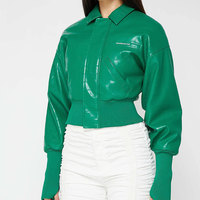 Veste universitaire en cuir PU vert gaufré, col montant, manches classiques, unisexe, imperméable, fermeture éclair, haute qualité
