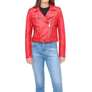 Veste en cuir véritable rouge pour femme, style moto, manches longues, fermeture éclair, col rabattu, style automne, veste en cuir classique pour femme - Product Image 1