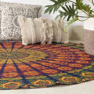 Tapiz Redondo para Colgar en la Pared, Estilo Hippie, Mandala Bohemio, Intrincado Tapiz Indio, Cubrecama de 70 Pulgadas (178 cm), Azul y Amarillo - Product Image 1