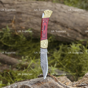 Cuchillo Plegable de Damasco Forjado a Mano con Empuñadura de Madera Pakka y Bolster de Latón Grabado, Cuchillo de Bolsillo, Venta al por Mayor OEM ODM Directo de Fábrica - Product Image 2