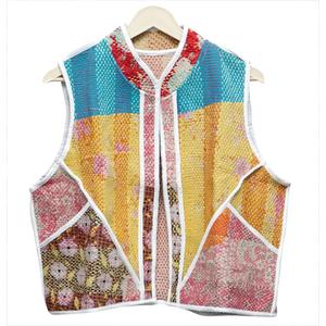 Chaleco de Algodón Acolchado con Diseño de Patchwork, Multicolor, Cuello Mandarín, Estampado a Rayas, Chaqueta de Primavera para Mujer - Product Image 1
