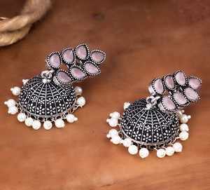 Designer Oxidized <b>Silver</b> Jhumka <b>Earrings</b> with Pink Crystal Stone | Handmade Jewelry Export Quality - Product Image 5