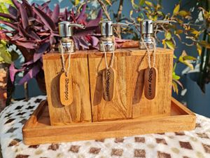 Wooden <b>Bathroom</b> <b>Dispenser</b> <b>Set</b> Four-Piece Rectangle Minimalist Style With Pump Tops For Shampoo Conditioner Body Wash - Product Image 1