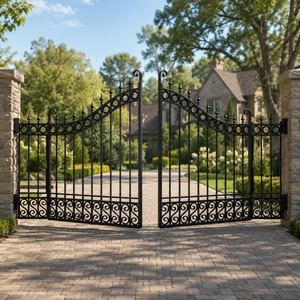 Puerta de Entrada Doble de Hierro Forjado Negro Ornamentado con Adornos de Espiga y Volteos para Seguridad en Entradas de Villas y Jardines - Product Image 1