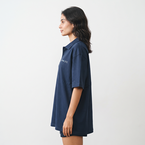 เสื้อโปโลผู้หญิงไซส์ใหญ่ สีน้ำเงินล้วน ปักโลโก้ได้ ผ้าฝ้าย 100% ทรงโอเวอร์ไซส์ แขนสั้น สไตล์ลำลอง แฟชั่น - Product Image 4