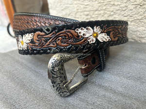 Extreme Quality Personalized Hand <b>Tooled</b> Full Grain Genuine Leather Western <b>Belt</b> Custom White Floral Cowgirl & Cowboy <b>Belts</b> - Product Image 3