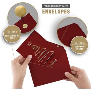 20 Christmas Greeting Cards with Gold Foiled Xmas Tree 6.75 X 4.5 Size Dark <b>Red</b> Self <b>Paper</b> with Envelope Seal Stick - Product Image 2