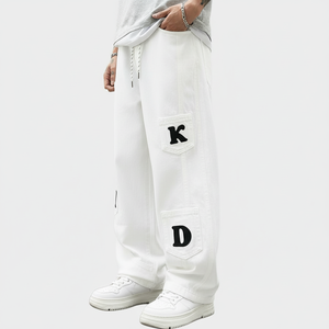 Vaqueros de mezclilla de punto rectos y holgados para hombre, personalizados, ecológicos, con estampado de letras, estilo urbano, casual, lavado medio, para verano - Product Image 4