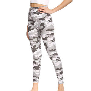 High Waisted Camo Printed Women's <b>Leggings</b> Full Length Stretch Fitness Workout Pants Gray White <b>Pattern</b> Knitted Fabric - Product Image 1