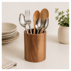 Premium Handcrafted Wood Cutlery Holder Modern Round Kitchen Utensil Organizer And <b>Tabletop</b> Silverware Cylinder For Home & Hotel - Product Image 4