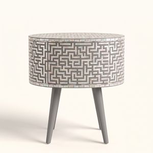 Table de chevet ronde de luxe en nacre grise avec 2 tiroirs, incrustation géométrique, table de chevet artisanale - Product Image 2