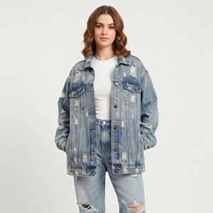100% Cotton Winter Distressed Denim Jacket Women Oversized Jeans Coat Ladies Oversize Distress Jean Coat Oversize Denim Jackets - Product Image 5