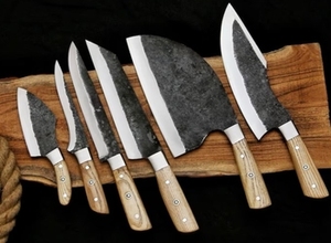 Ensemble de 6 couteaux de chef en acier Damas forgé à la main, écologiques, avec étui en cuir véritable pour la cuisine et le barbecue - Product Image 4