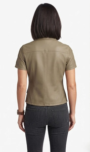 Veste chemise en cuir pour femme, manches courtes, boutonnée, qualité supérieure, logo personnalisé, poches à rabat boutonnées sur le devant - Product Image 2