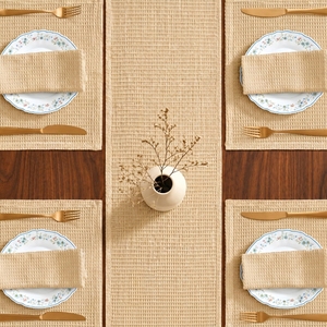 Beige Waffle Weave Table <b>Runner</b> and Placemat Set <b>Washable</b> Fabric Nordic Dining Decor - Product Image 1