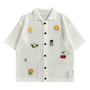 Camisas de Punto Personalizadas con Bordado para Hombre, Estilo Vintage, Tejido Abierto, Manga Corta, Cierre de Botones, Transpirables, Cárdigan de Verano - Product Image 1