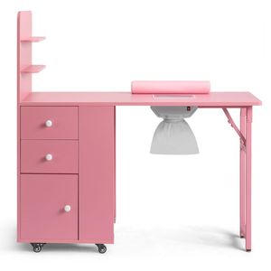 Table de manucure rose en MDF avec 2 tiroirs, porte de placard et étagère de rangement - Bureau à ongles pliable - Product Image 2