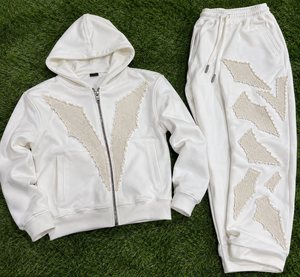<b>White</b> Tracksuit Hoodie <b>Jogger</b> Pants Geometric Applique Streetwear Unisex Adult Autumn Full Length Zipper Front Pockets Custom - Product Image 6