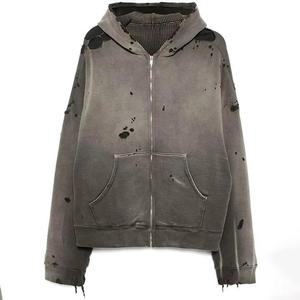 Sweat à capuche zippé oversize pour homme, effet délavé, imprimé par pulvérisation, en molleton, style streetwear - Product Image 4