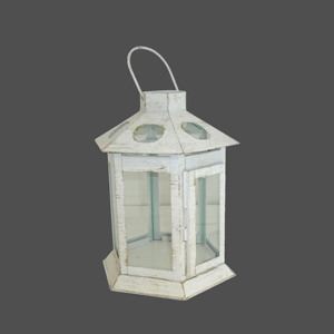 Lanterne à bougie suspendue en métal blanc vieilli, grande, avec toit pyramidal, anneau en verre bleu teinté et poignée, pour décoration de table - Product Image 4