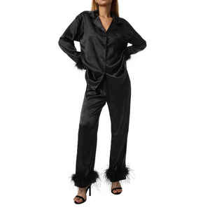 Nouvelle arrivée, élégante tenue de nuit longue pour femmes, pyjama personnalisé en usine avec fourrure noire, pyjama noir - Product Image 2