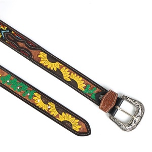 Ethnic Embroidered Cow Hide <b>Belt</b> Sunflower Pattern Embossed Unisex Western Leather Tooling <b>Belt</b> with <b>Silver</b> Cowboy <b>Buckle</b> - Product Image 1