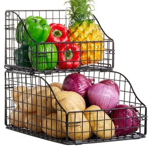 Cesta de Almacenamiento de Frutas y Verduras Personalizada de 2 Niveles, Cestas de Alambre para Montar en la Pared, Cesta Organizadora de Cocina Apilable y Desmontable para Encimera - Product Image 1