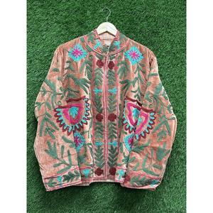 Artisan Pink Suzani <b>Velvet</b> <b>Jacket</b> Multicolor Floral Embroidery Stand Collar Bohemian Vintage <b>Women</b> Outerwear - Product Image 1