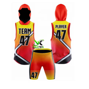 VANTEX Custom Sublimation Black Hooded <b>Men's</b> Basketball Jersey <b>Shorts</b> Set with Blue Cross Design 100% Polyester High Quantity - Product Image 2