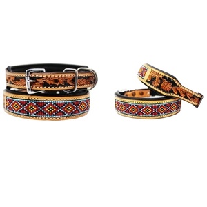Highest Quality Handmade <b>Leather</b> Beaded Dog Collar With Hand Carving Work Manufacturer Supplier Saman Exports - Product Image 1