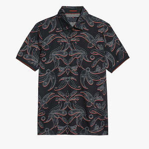 Men's Black Paisley Print Short Sleeve Polo Shirt Casual Woven <b>Top</b> - Product Image 3
