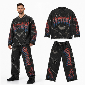Custom Washed Fleece Tracksuit Set Vintage Acid Wash Oversized Sweatshirt and Jogger Pants Unisex Streetwear Two Piece Outfit - Product Image 3