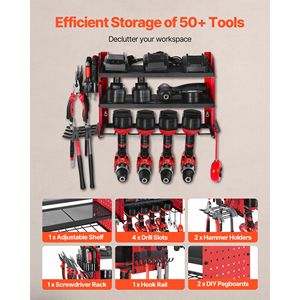 Organizzatore da Parete per Utensili Elettrici, Scaffale a 3 Livelli con 4 Supporti per Trapani, Portautensili con Pannello Laterale Forato - Product Image 2